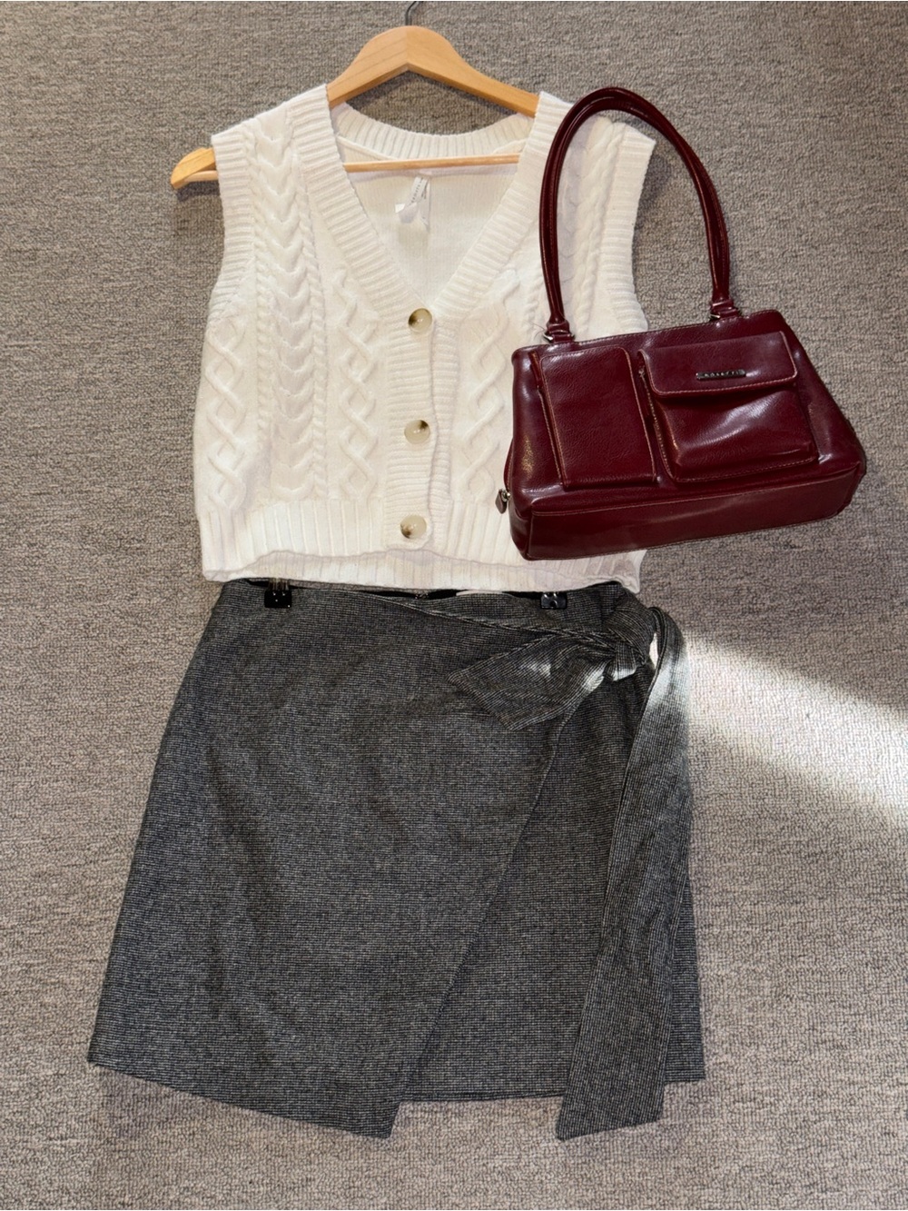 Styled Outfit Bundle Knit Vest Wrap Skirt Burgundy Bag